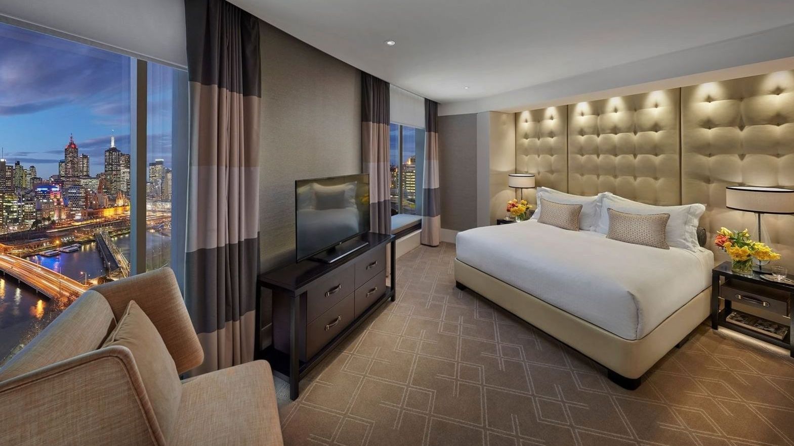 Premier Suite interior at Crown Towers Melbourne with city views